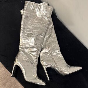 Zara Metallic Croc-Embossed Heeled Boots